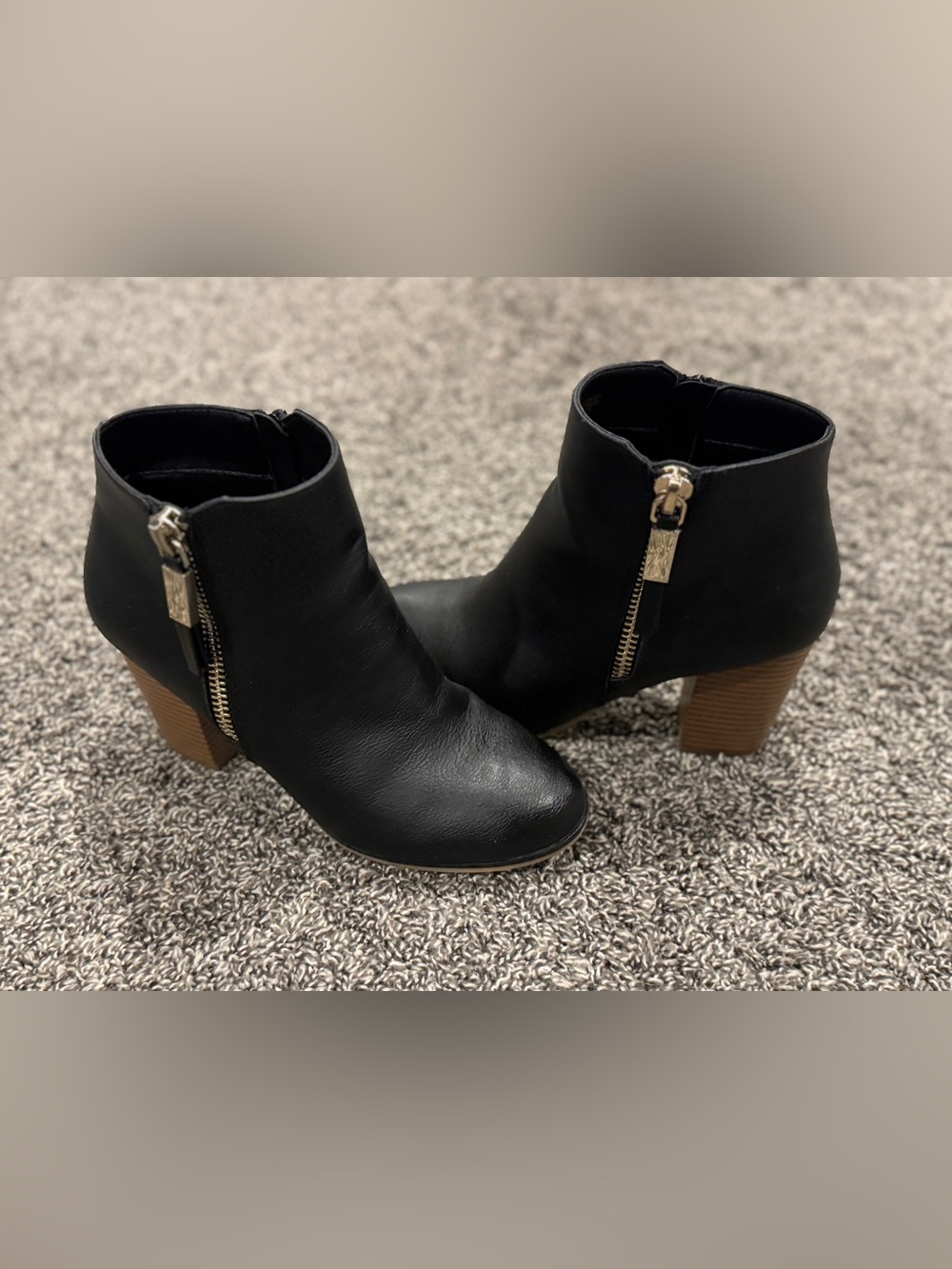 Apt. 9 Black Ankle Booties with Gold Zipper and Brown Block Heel